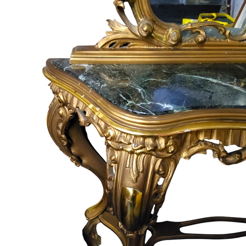 268 - A Louis XV style giltwood console mirror, green marble inset, 215cm x 120cm x 33cm, 20th century