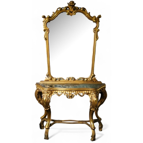 268 - A Louis XV style giltwood console mirror, green marble inset, 215cm x 120cm x 33cm, 20th century