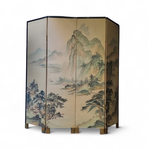 645 - A large early 20th century Chinese four fold screen, with monumental landscape, 83cm high, 180cm wid... 