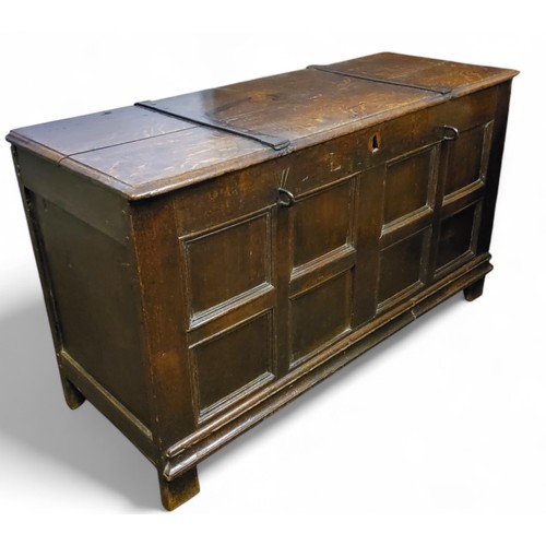 656 - An early 18th century English oak blanket box, panelled front,  76cm high,  125cm wide,  50cmdeep, c... 