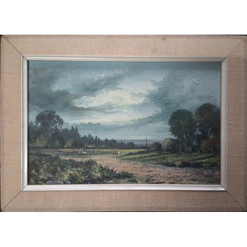 572 - Nigel Hallard, 1936-2020, Country Walk, signed, oil on board, 18cm x 28cm