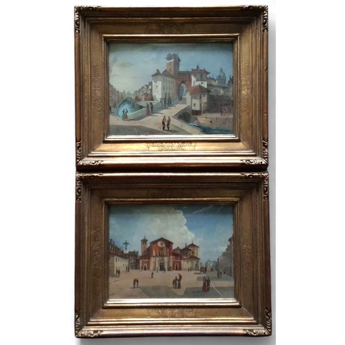 604 - Van Heft, 20th century, a pair, Continental Market Square and City Gate, signed, 17cm x 23cm