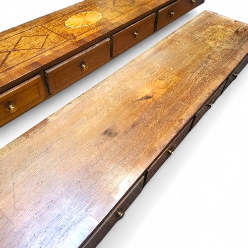 264 - A pair of George III mahogany spice drawers, inlaid with central oval batwing patera flanked by two ... 