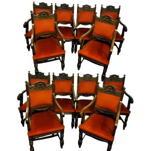 717 - A matching set of twelve boardroom armchairs, anthemion carved backrests, deep red upholstery, H-str... 