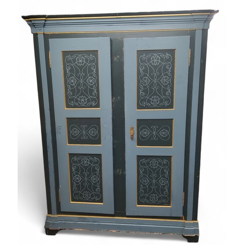 718 - A 19th century Swiss painted pine armoire, signed Ernst Rudin, oversailing cornice above two pinstri... 