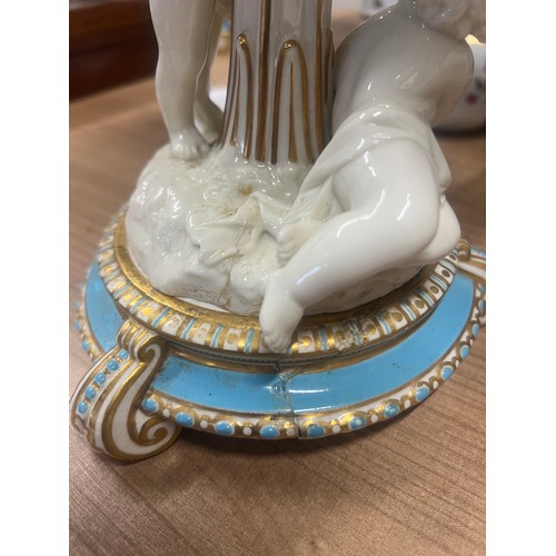 81 - A pair of mid 19th century Minton figural comports, the pierced circular dishes, banded in turquoise... 