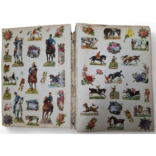 397 - A Victorian scrap album,  various pictorial subjects, flowers, months, horses, birds, cats; dogs; an... 