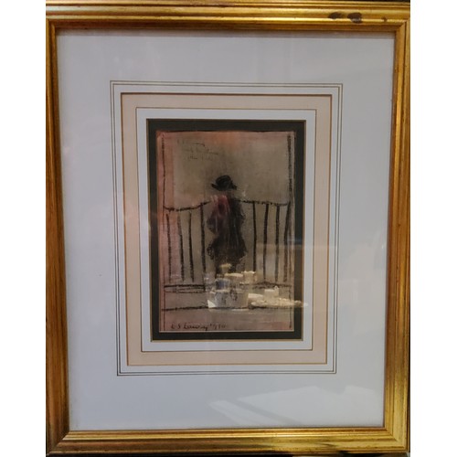 411 - After L S Lowry, Figure by the Rails, bears signature, mixed medium, 17cm x 12cm