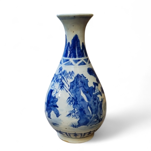 47 - A Chinese bottle vase, underglaze blue and white decorated with playful scenes of hide and seek and ... 