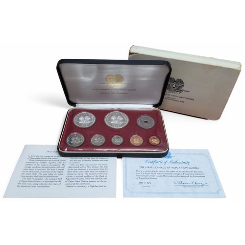 215 - A Franklin Mint 1975 First Coinage Papua New Guinea Proof Set , COA, eight coins including .925... 