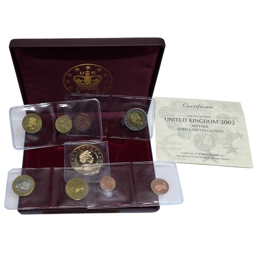 217 - United Kingdom 2002 Pattern, Euro Coin Collection comprising 5, 2, and 1 Euro, 50, 20, 10 5, 2 and 1... 