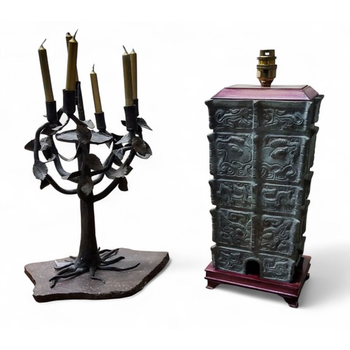 184 - A Chinese 'Archaic' bronzed side light/lamp, 35cm high;&nbsp; &nbsp;a novelty stylised tree candlest... 