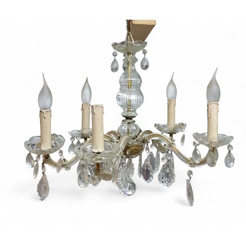 195 - Lighting - a clear three-light ceiling light, with prismatic swags and drops, 30cm high;&nbsp; &nbsp... 