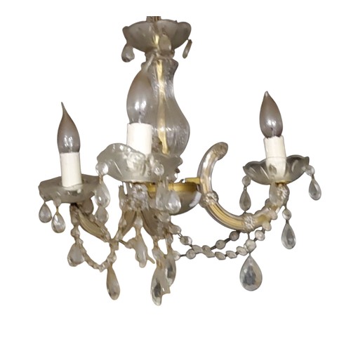 195 - Lighting - a clear three-light ceiling light, with prismatic swags and drops, 30cm high;&nbsp; &nbsp... 