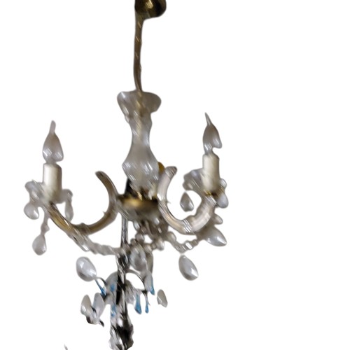 195 - Lighting - a clear three-light ceiling light, with prismatic swags and drops, 30cm high;&nbsp; &nbsp... 
