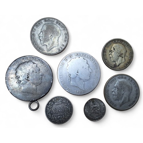 200 - Numismatics - a George III Crown, 1820; another with soldered ring; Queen Victoria One Shilling, 188... 