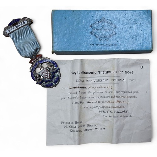 223 - A silver and enamel Royal Masonic Institution for Boys medal, silver and enamel Steward bar , dated ... 
