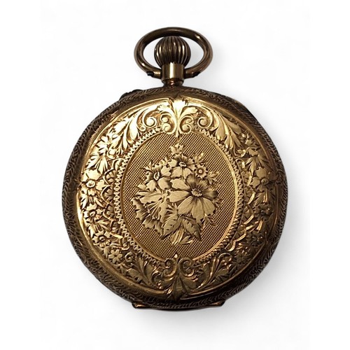 224 - An 18ct lady&rsquo;s open faced fob watch, top winder movement, white enamel dial, Arabic numerals, ... 