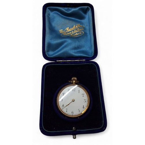 224 - An 18ct lady&rsquo;s open faced fob watch, top winder movement, white enamel dial, Arabic numerals, ... 
