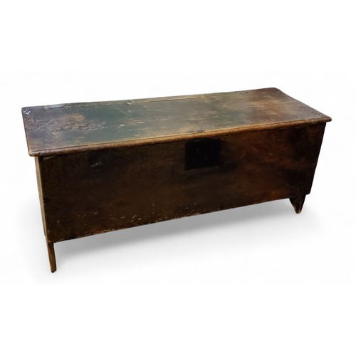 188 - A 17th/early 18th century oak six plank chest, hinged moulded top, notched borders, V-shaped end sup... 