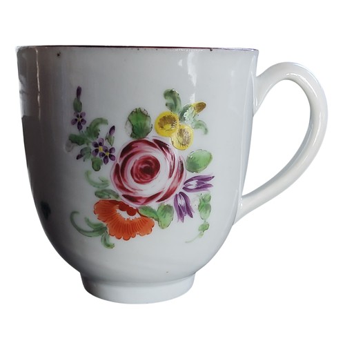 34 - A Bristol coffee cup, painted with rose nad scattered flowers, brown line rim,&nbsp; loop handle, 6.... 