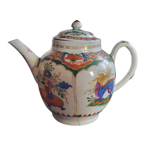 37 - A Plymouth globular Dragon in Compartments teapot and cover, coloured in the Famille Verte palette w... 