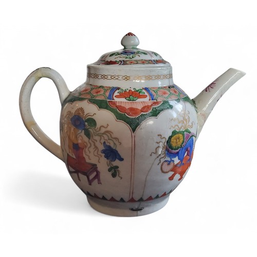 37 - A Plymouth globular Dragon in Compartments teapot and cover, coloured in the Famille Verte palette w... 