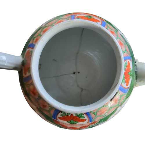 37 - A Plymouth globular Dragon in Compartments teapot and cover, coloured in the Famille Verte palette w... 