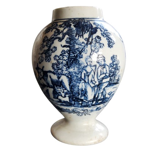 60 - A Liverpool ovoid tea canister, printed in underglaze blue with a milkmaid, companion&nbsp; and catt... 