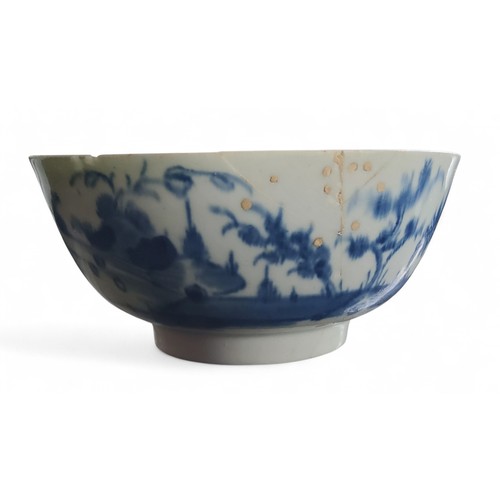 52 - A Longton Hall bowl, decorated in cobalt blue with landscape, pine trees and rockwork,11.5cm diam, c... 