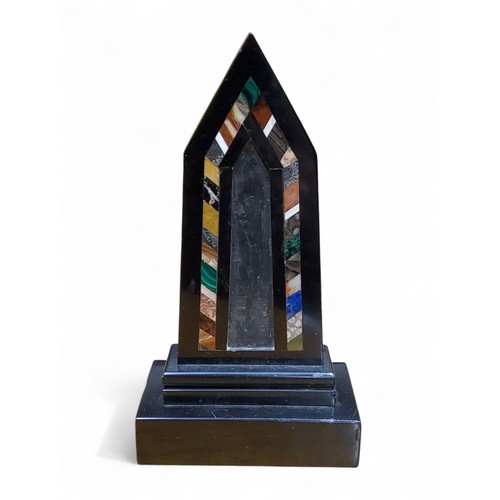 3 - A Derbyshire Ashford marble obelisk thermometer, typically inlaid with specimen stones, stepped base... 