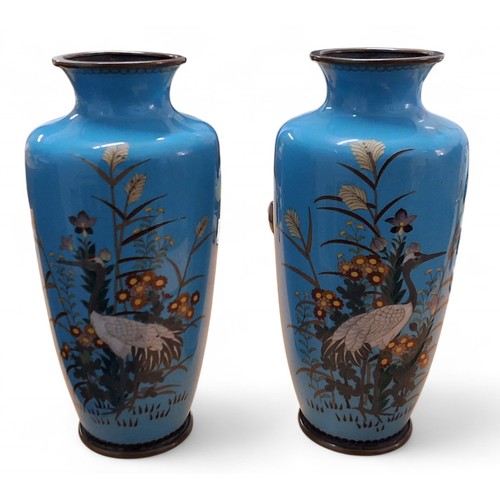 49 - A pair of Japanese cloisonne ovoid vases, enamelled with storks and foliage, on a turquoise ground, ... 