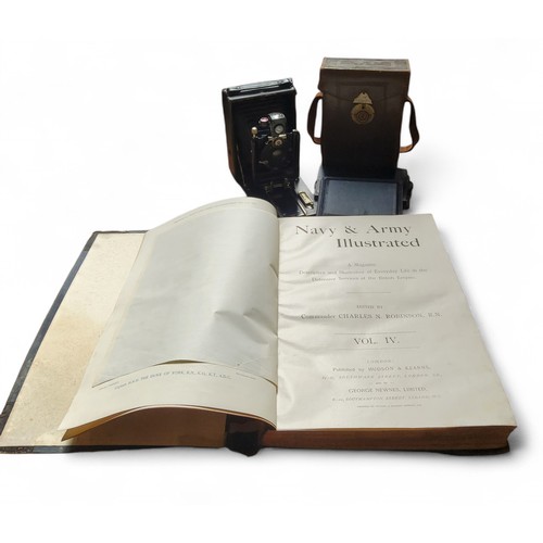 23 - An early 20th century plate camera, IBSO lens, plates, cased;&nbsp; &nbsp;Navy & Army Illustrate... 