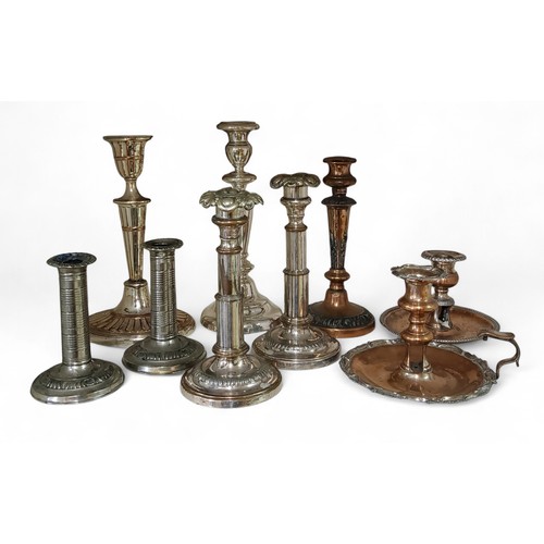 41 - Plated Ware - a pair of E.P. on Copper candlesticks, floral sconces, 21cm high, c.1890;   other cand... 