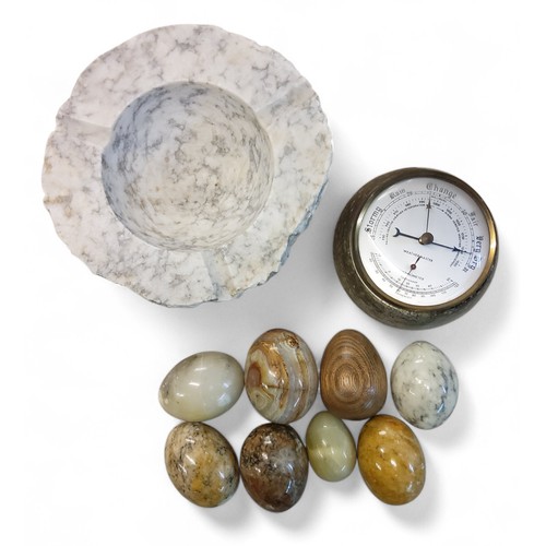 42 - A Weathermaster aneroid barometer/thermometer, set in Cornish Serpentine stone, 12cm diam;&nbsp; &nb... 