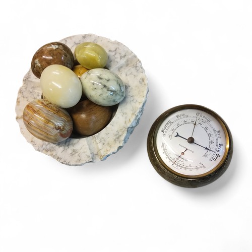 42 - A Weathermaster aneroid barometer/thermometer, set in Cornish Serpentine stone, 12cm diam;&nbsp; &nb... 