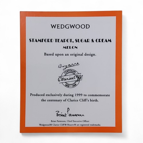 53 - A Clarice Cliff Centenary Collection for Wedgwood Bizarre Melon pattern three piece Stamford tea set... 