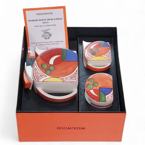 53 - A Clarice Cliff Centenary Collection for Wedgwood Bizarre Melon pattern three piece Stamford tea set... 