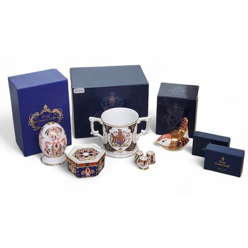 56 - A Royal Crown Derby paperweight, Derby Wren, gold stopper, boxed;&nbsp; &nbsp;a Royal Crown Derby lo... 