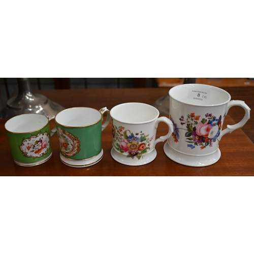 8 - Four various 19th century Staffordshire china floral-painted mugs, 11.5cm-6.5cm