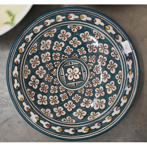 112 - Two large majolica bowls and three other pottery dishes and bowls (5)