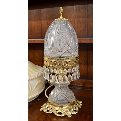 145 - Art Deco frosted glass ceiling lightshade 42 cm diam to/w a glass and gilt metal lamp hung with lust... 