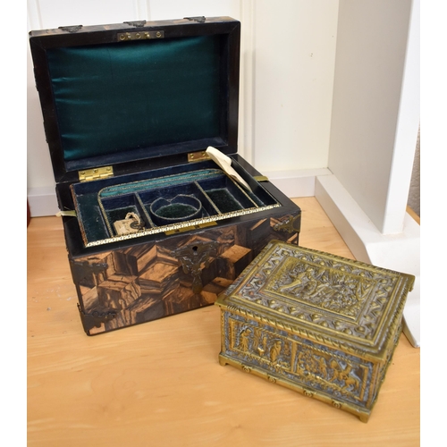 182 - A Victorian coromandel parquetry jewellery box with ornate brass binding, the gilt blue morocco and ... 