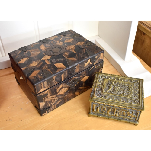 182 - A Victorian coromandel parquetry jewellery box with ornate brass binding, the gilt blue morocco and ... 