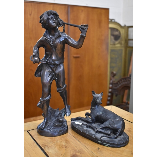 194 - Bronzed figure of a grape-picker, 16 cm high to/w a bronzed recumbent lurcher, 12 cm high (2)