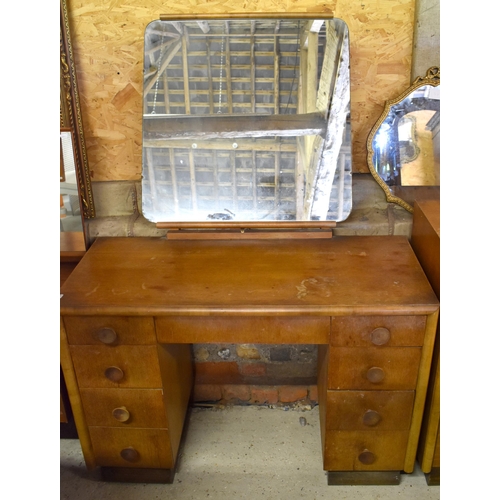 502 - A mid century mirror backed oak dressing table (107 cm x 46 cm x 148 cm h) to/with a matching side c... 