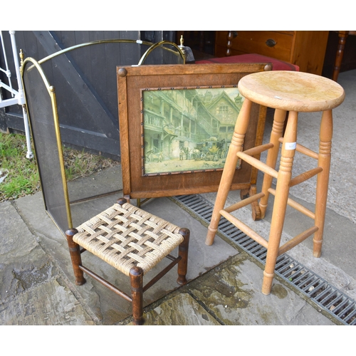 507 - A spark guard to/with a foot stool, a pine high stool and a fire screen (4)