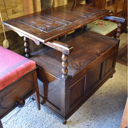 512 - A traditional metamorphic oak monk's box settle/table, 92 cm w x 44 cm x 95 cm h