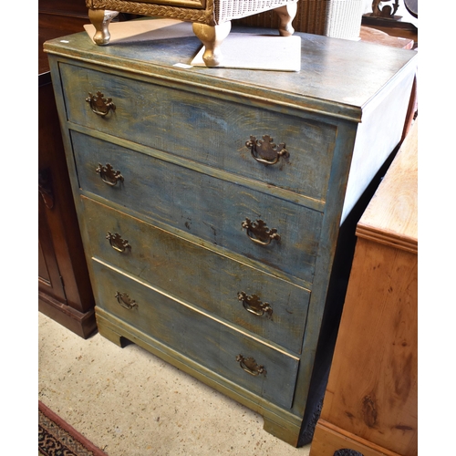 513 - A green stained oak faced chest of four long drawers, raised on shaped bracket feet, 77 cm w x 43 cm... 