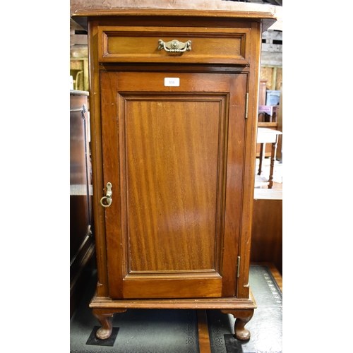 516 - A mahogany stationery cabinet with single drawer over panelled cupboard, on short cabriole supports,... 